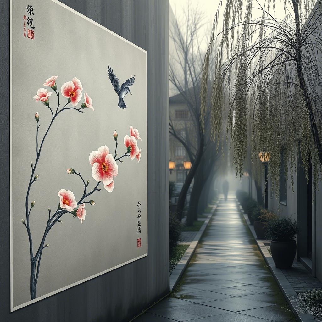 春风拂柳绿成行，海报灰墙字迹藏。旧梦如烟随日远，空巷无人听晚霜。