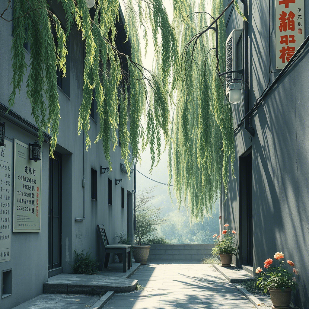 春风拂柳绿成行，海报灰墙字半藏。旧巷无人花自落，斜阳影里冷烟长。